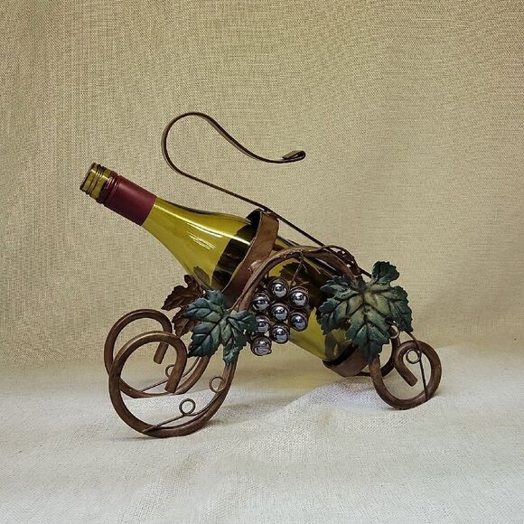 Wine Bottle Holder Grape Harvest Vine Leaf Carriage Tabletop Metal Display - Picture 1 of 7